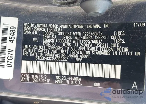 2010 Toyota Sienna Limited from USA, damaged, VIN 5TDDK4CC3AS033257